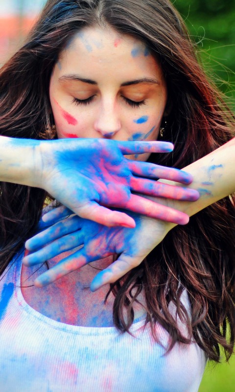 Download Girl Colorful Paint Face Mood Wallpaper in 480x800 Resolution