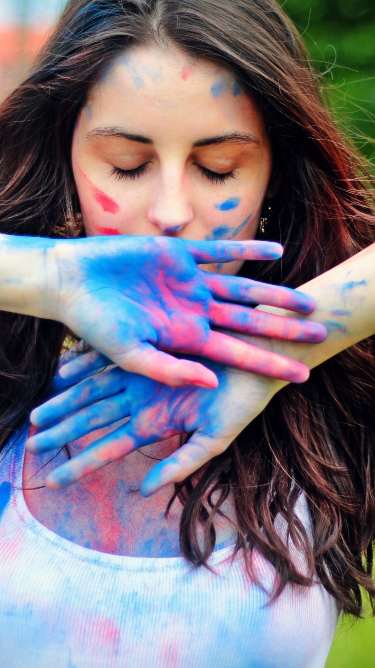 Download Girl Colorful Paint Face Mood Wallpaper in 750x1334 Resolution