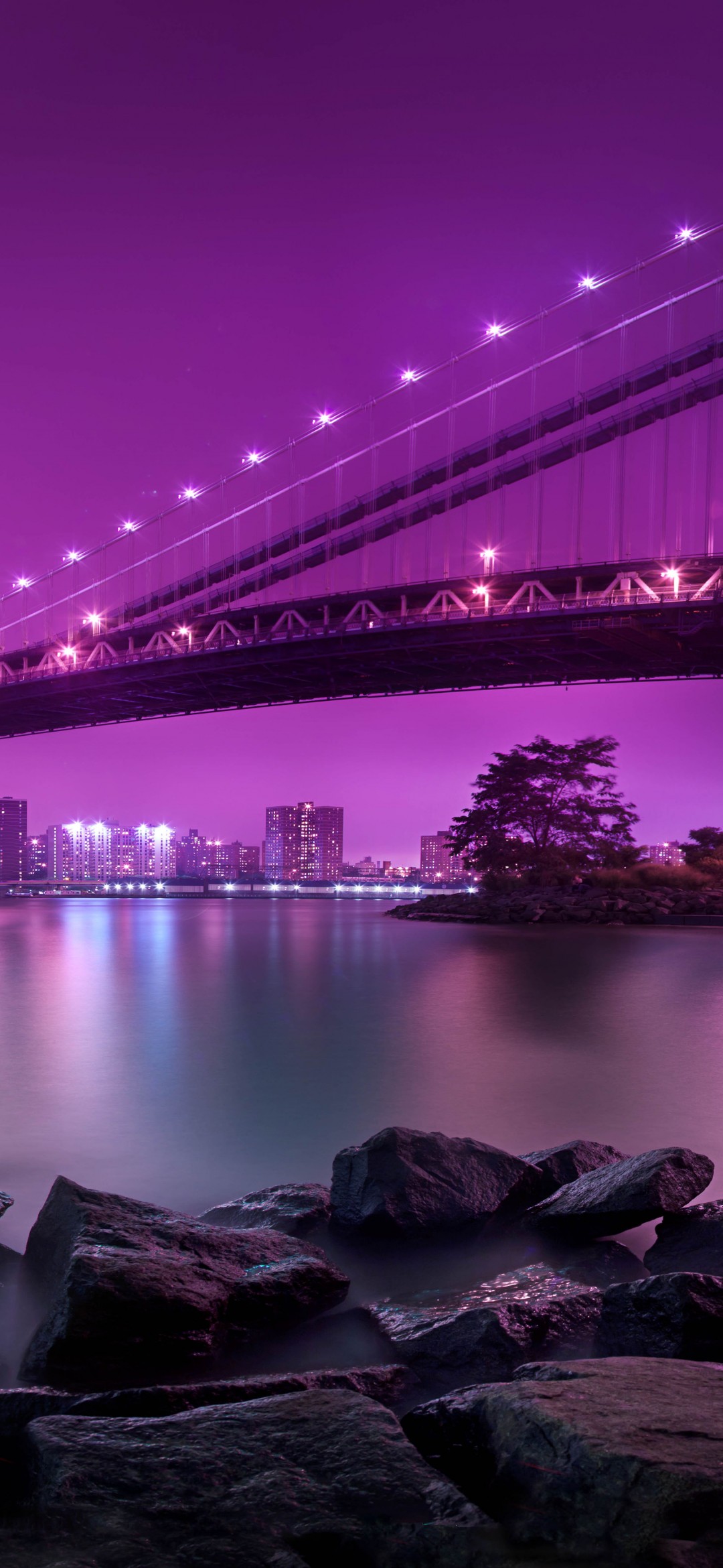 Download Manhattan Bridge New York Purple Sky Wallpaper in 1080x2340 Resolution