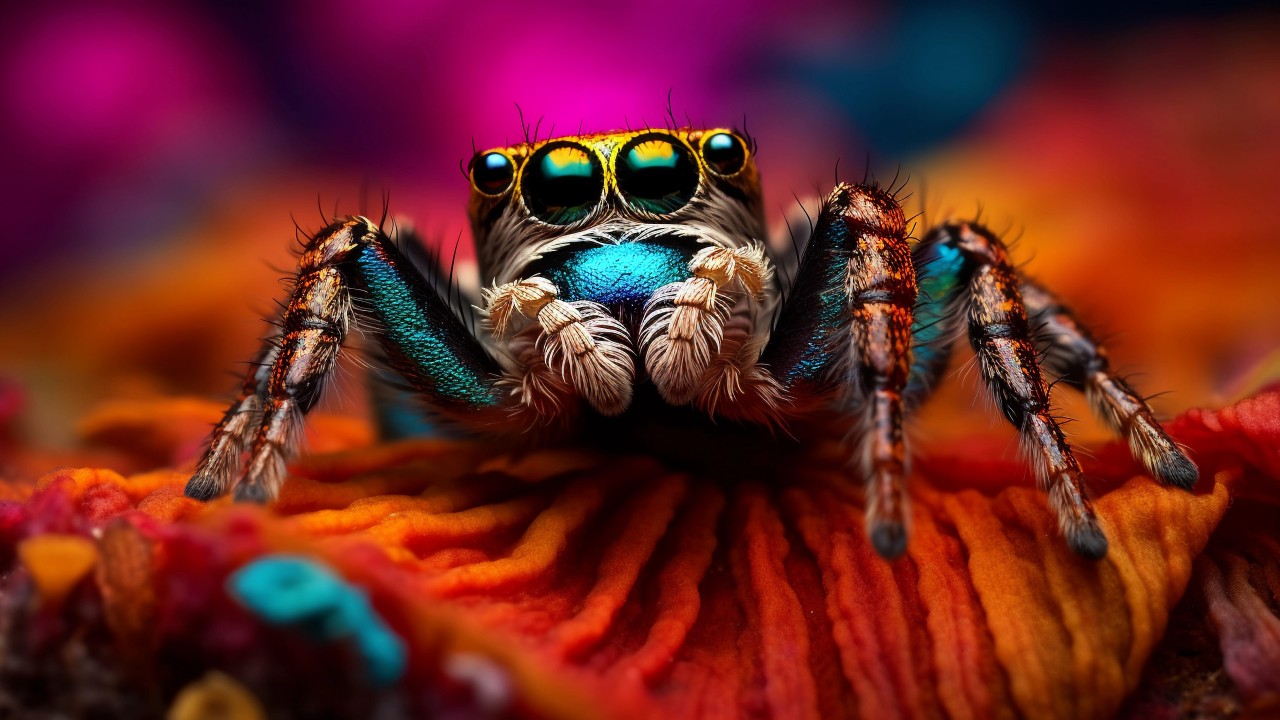 Download Ai Made Colorful Spider Macro Wallpaper in 1280x720 Resolution