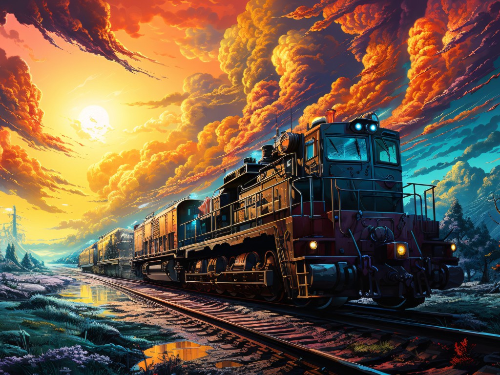 Download Ai Made Colorful Train Railway Wallpaper in 1024x768 Resolution