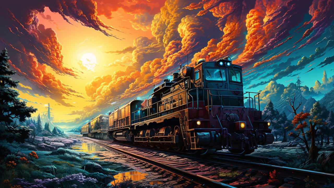 Download Ai Made Colorful Train Railway Wallpaper in 1280x720 Resolution