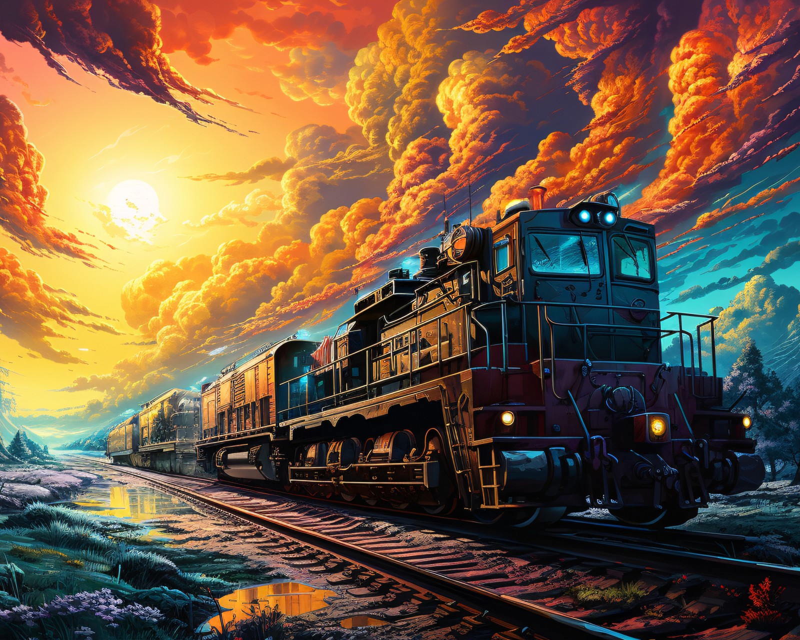 Download Ai Made Colorful Train Railway Wallpaper in 1600x1280 Resolution