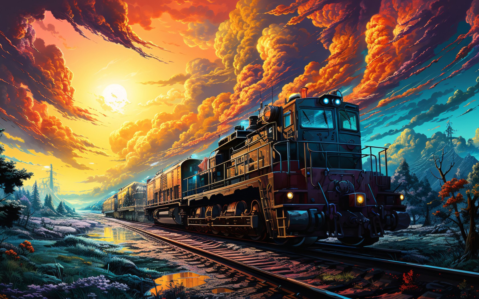 Download Ai Made Colorful Train Railway Wallpaper in 1680x1050 Resolution