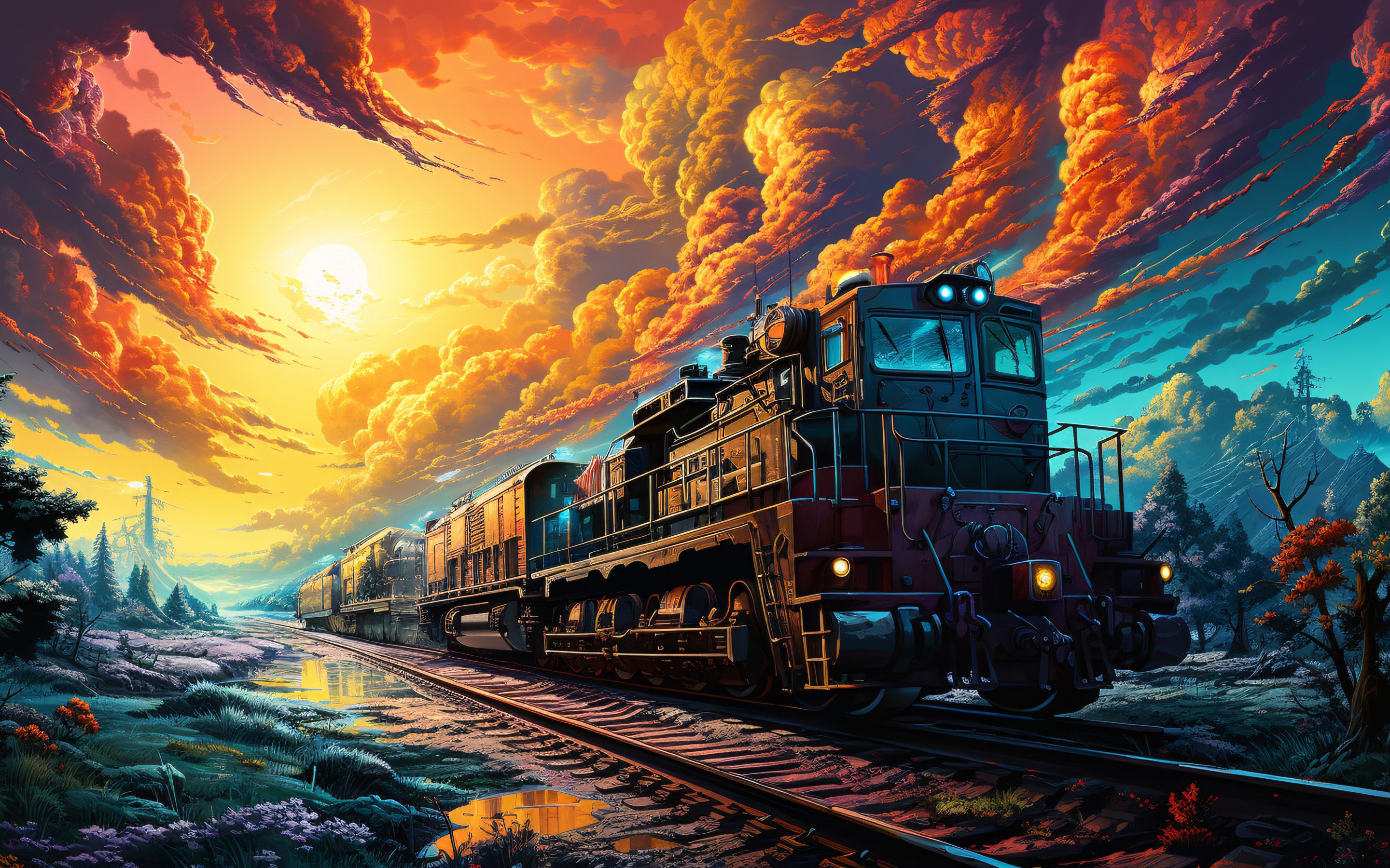 Download Ai Made Colorful Train Railway Wallpaper in 2880x1800 Resolution