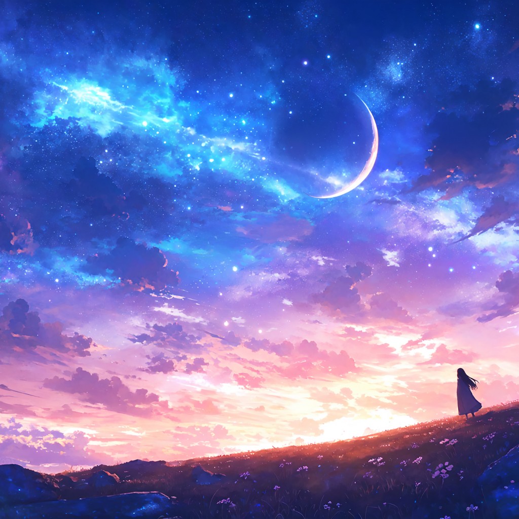 Download Fantasy Art Clouds Moon Stars Wallpaper in 1024x1024 Resolution