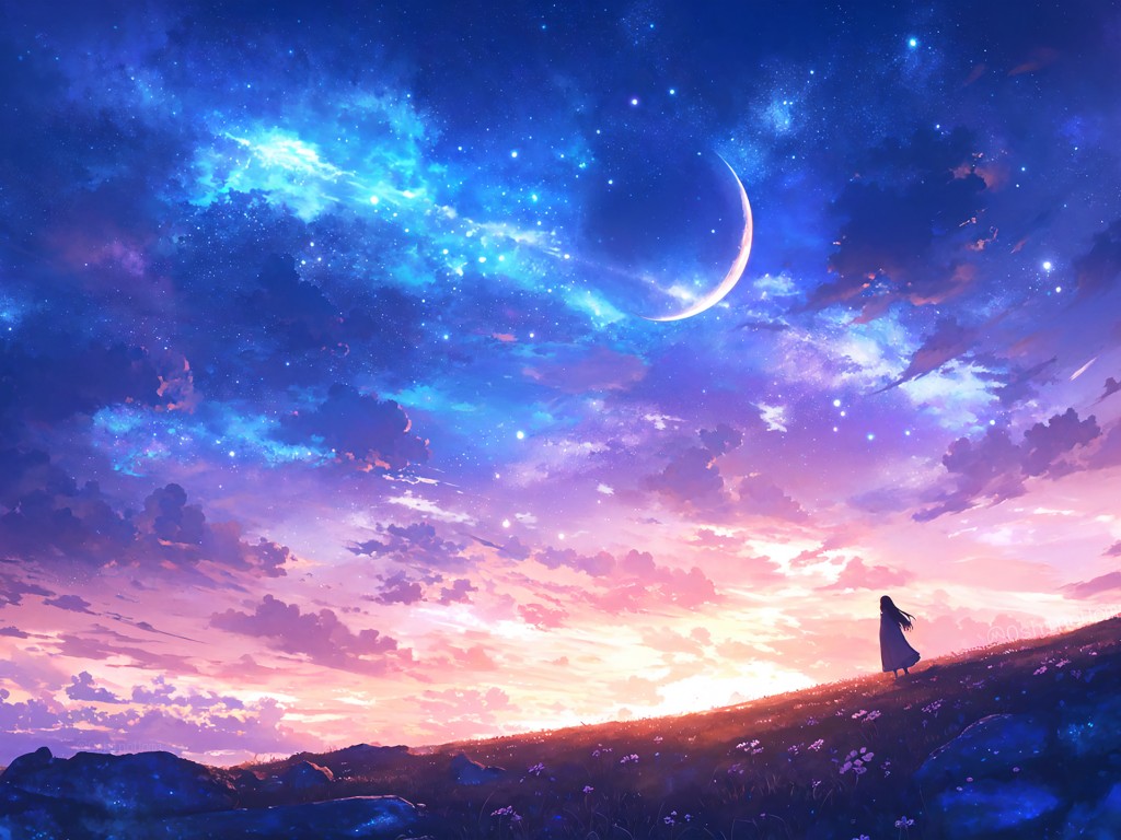 Download Fantasy Art Clouds Moon Stars Wallpaper in 1024x768 Resolution