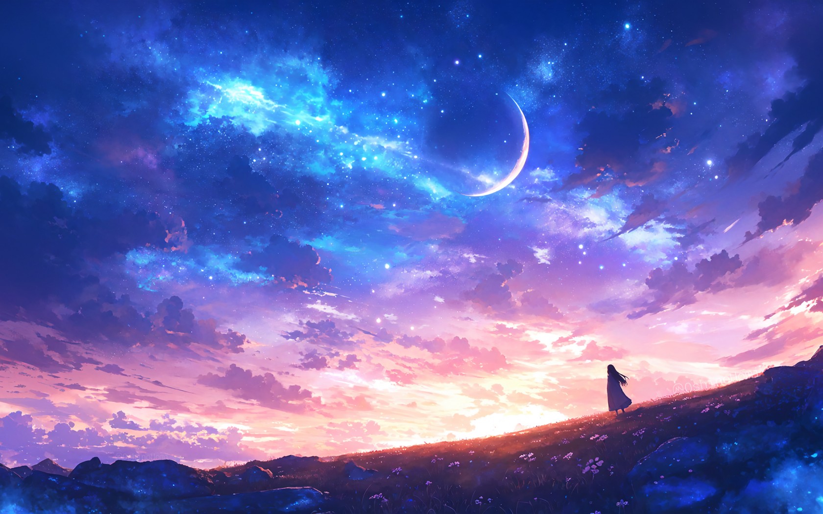 Download Fantasy Art Clouds Moon Stars Wallpaper in 1680x1050 Resolution