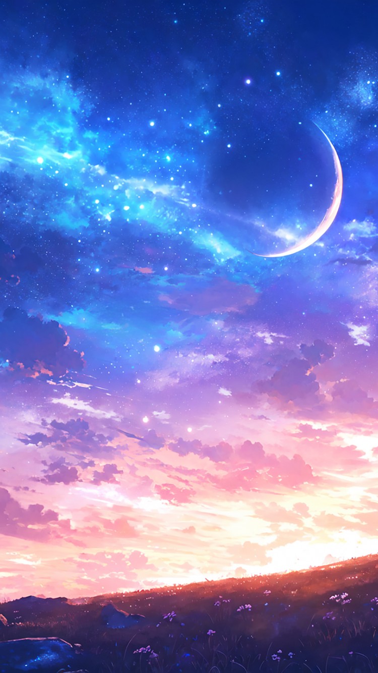 Download Fantasy Art Clouds Moon Stars Wallpaper in 750x1334 Resolution