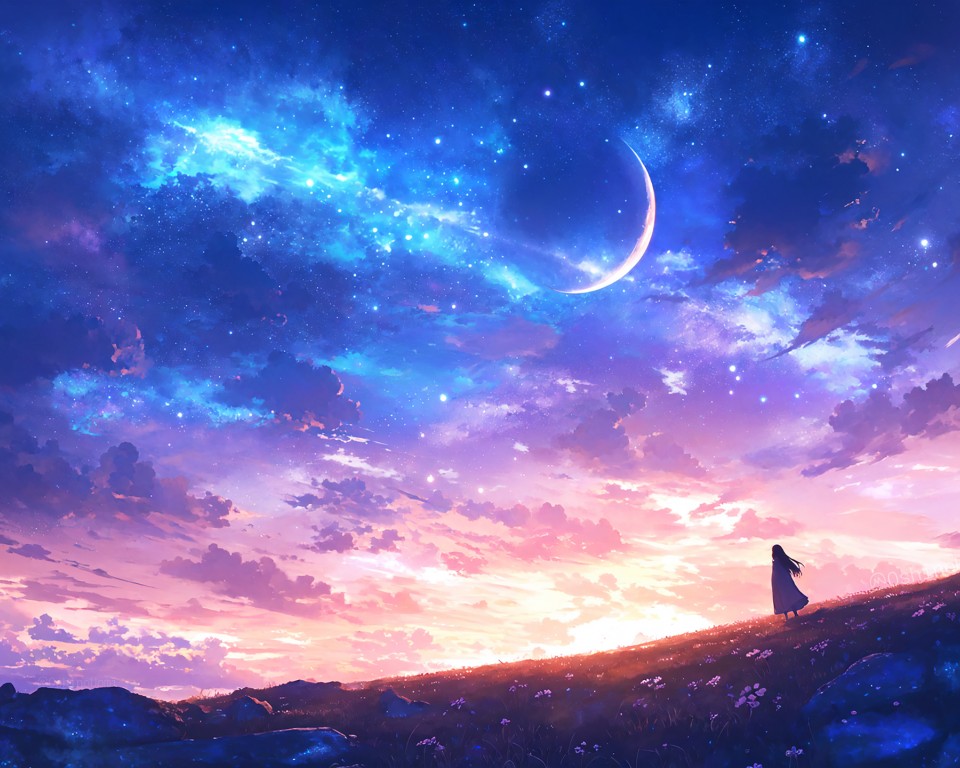 Download Fantasy Art Clouds Moon Stars Wallpaper in 960x768 Resolution