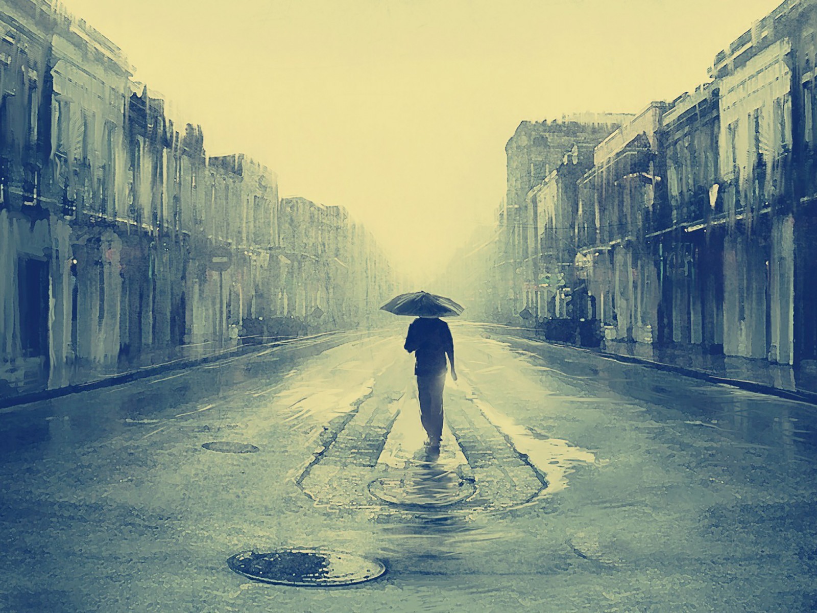 Download Sad Man Umbrella Rainy Street Wallpaper in 1600x1200 Resolution