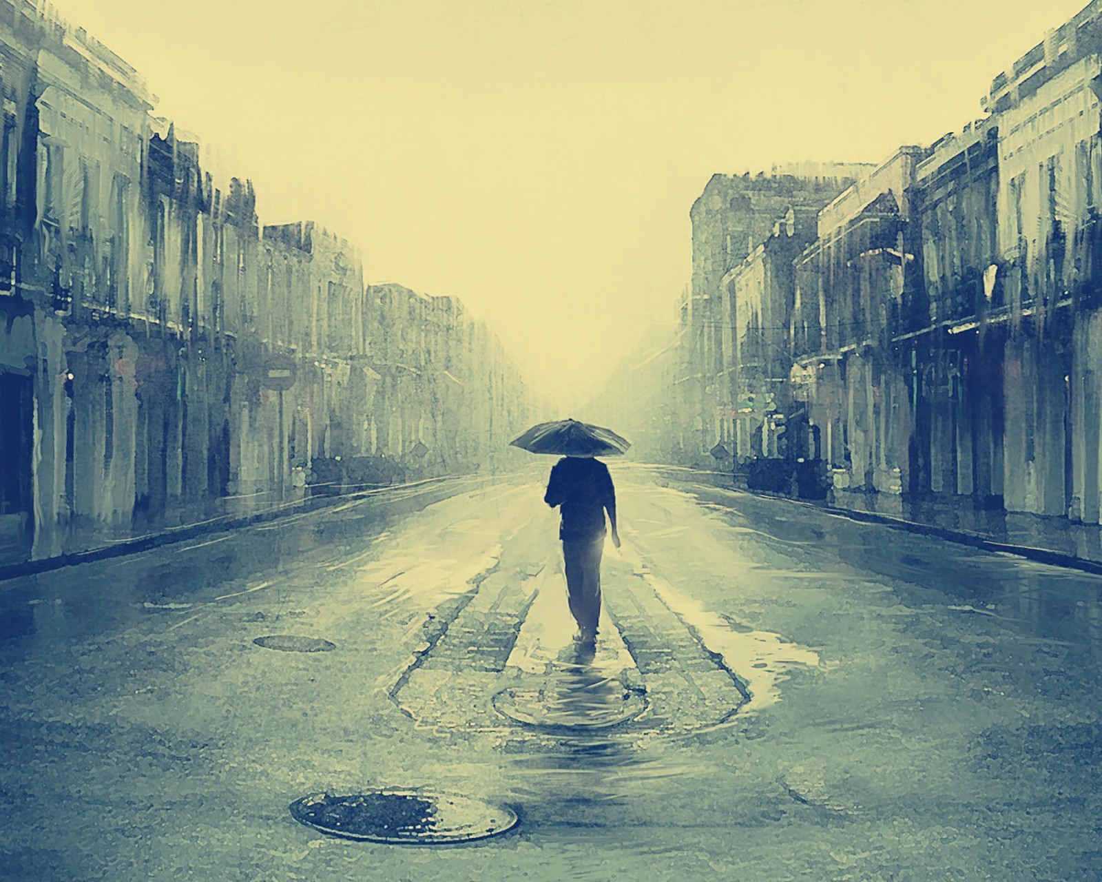Download Sad Man Umbrella Rainy Street Wallpaper in 1600x1280 Resolution