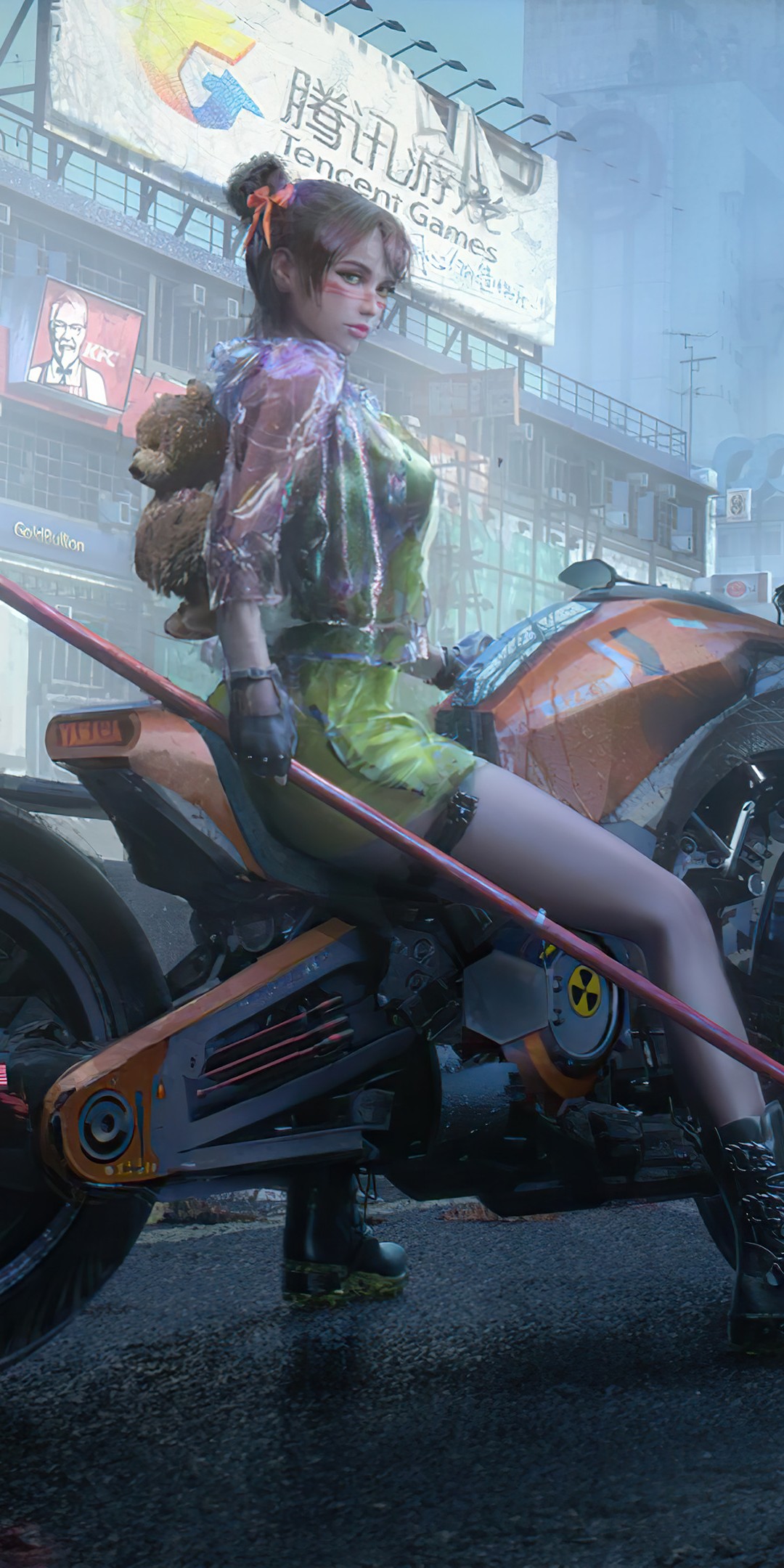 Download Women Futuristic Motorcycle Art Wallpaper in 1080x2160 Resolution