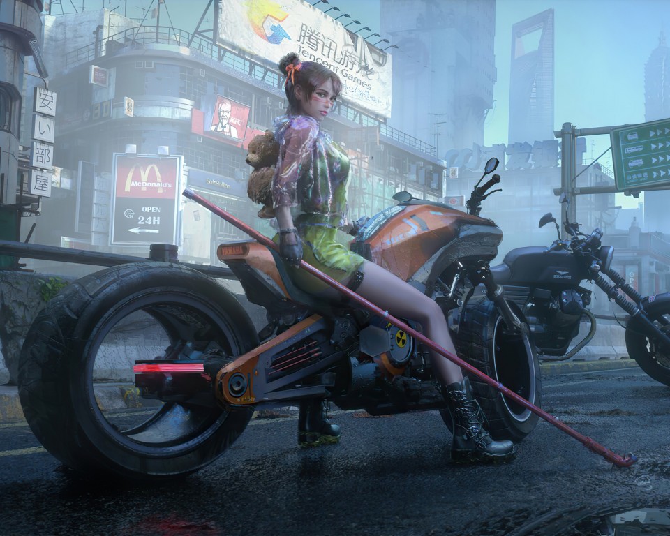 Download Women Futuristic Motorcycle Art Wallpaper in 960x768 Resolution