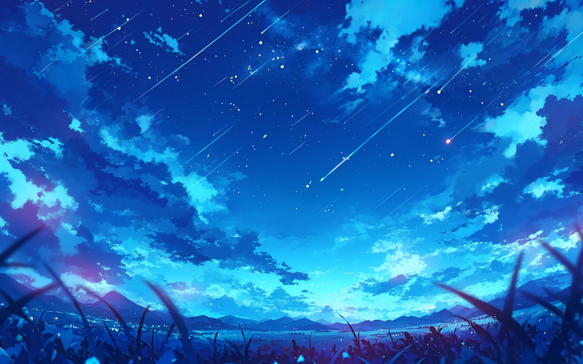 Download Night Landscape Clouds Stars Art Wallpaper in 1920x1200 Resolution