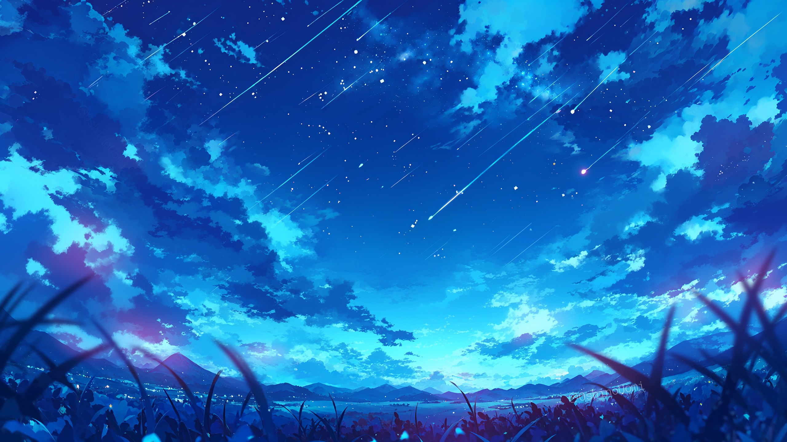 Download Night Landscape Clouds Stars Art Wallpaper in 2560x1440 Resolution