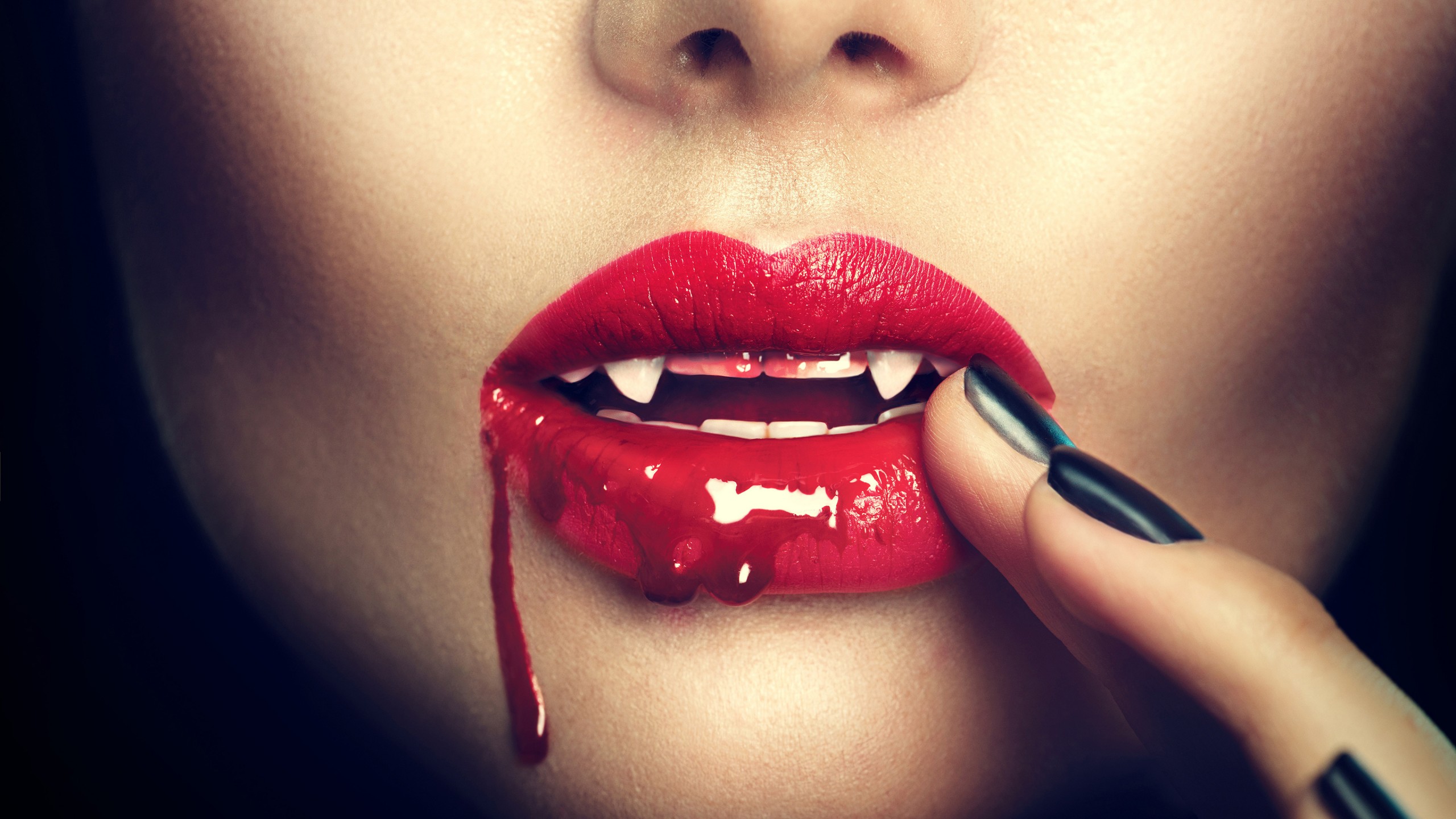 Download Vampire Women Lips Black Nails Wallpaper in 2560x1440 Resolution