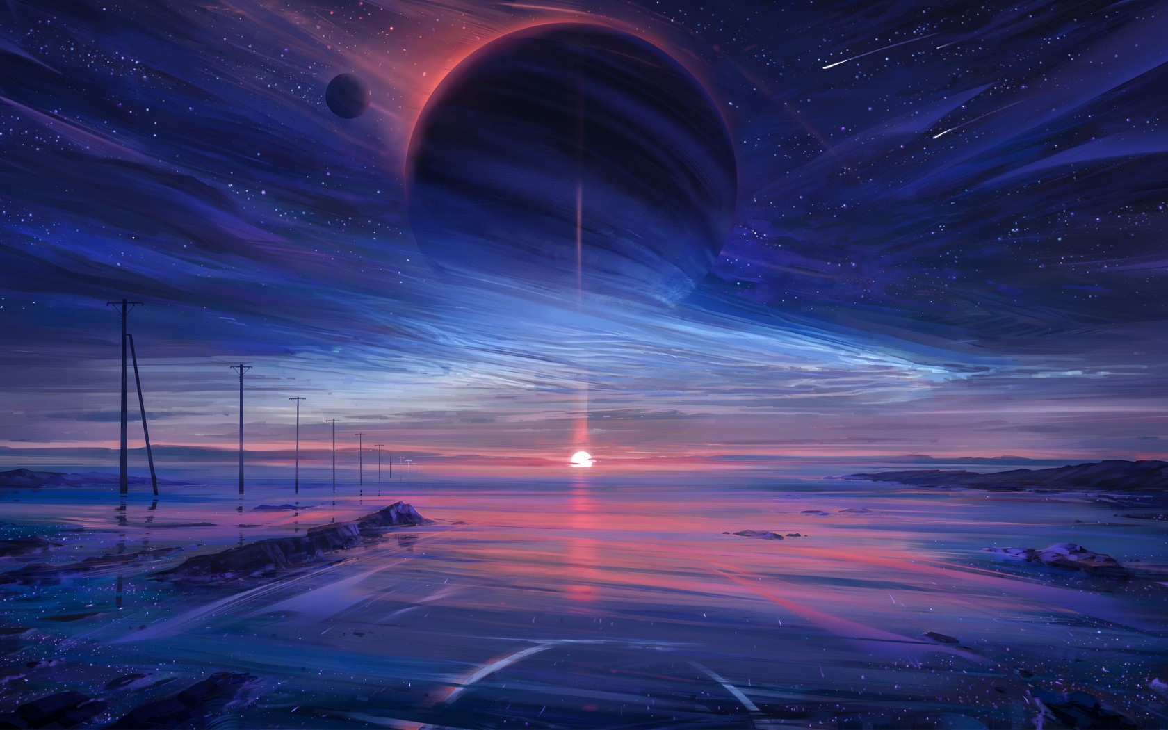 Download Planet Falling Star Colorful Fantasy Art Wallpaper in 1680x1050 Resolution