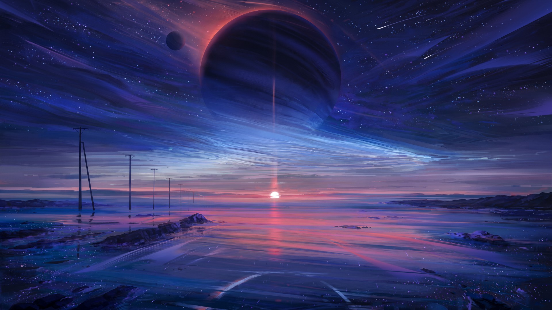 Download Planet Falling Star Colorful Fantasy Art Wallpaper in 1920x1080 Resolution