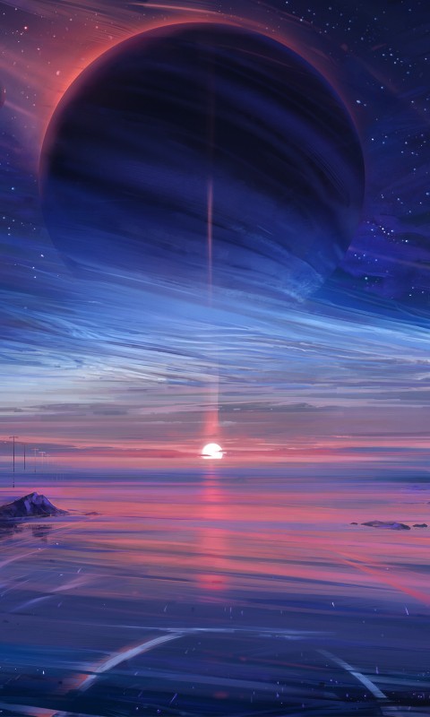 Download Planet Falling Star Colorful Fantasy Art Wallpaper in 480x800 Resolution