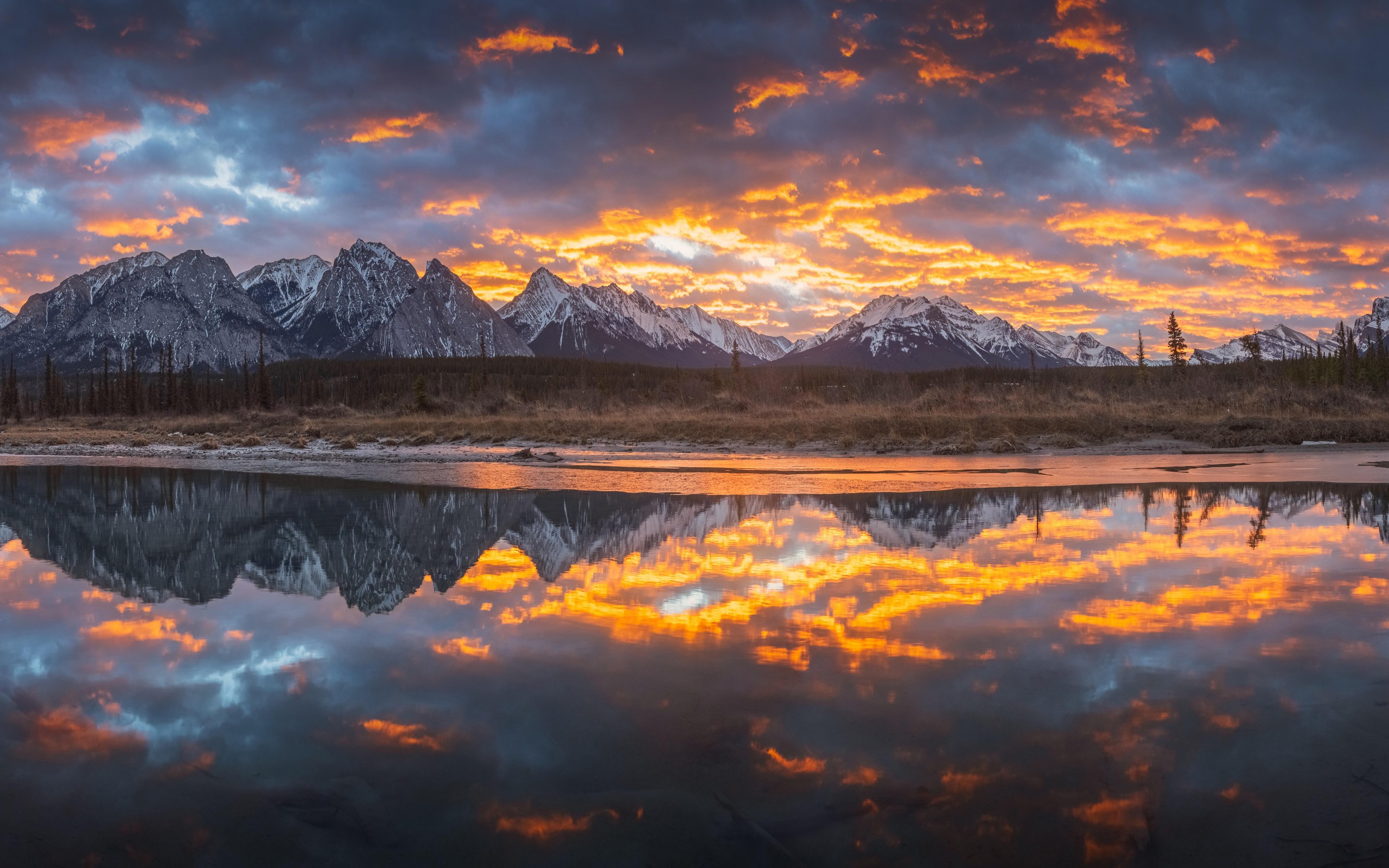 Download Sunrise Alberta Canada Lake Mountains Wallpaper in 2560x1600 Resolution