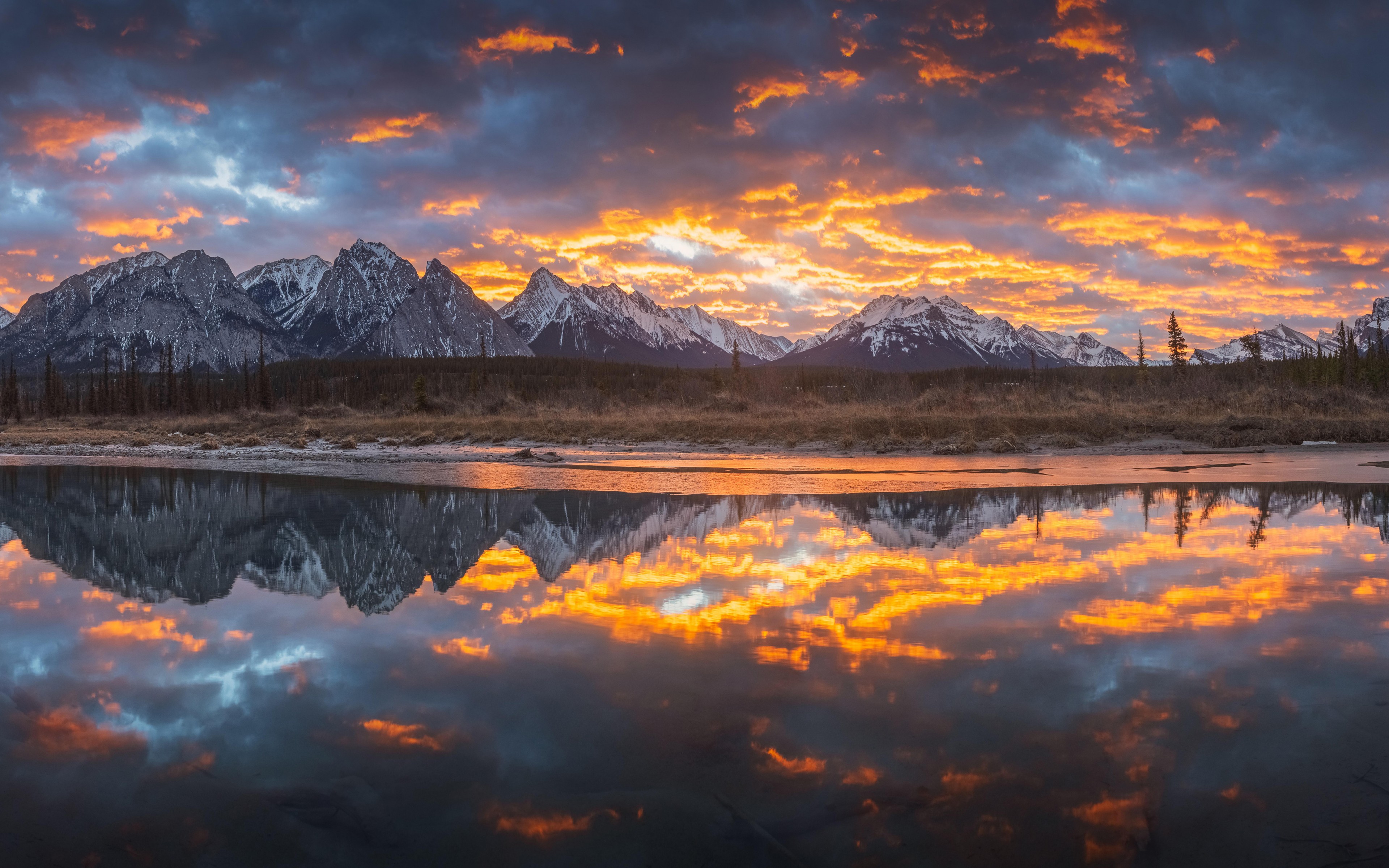 Download Sunrise Alberta Canada Lake Mountains Wallpaper in 3840x2400 Resolution