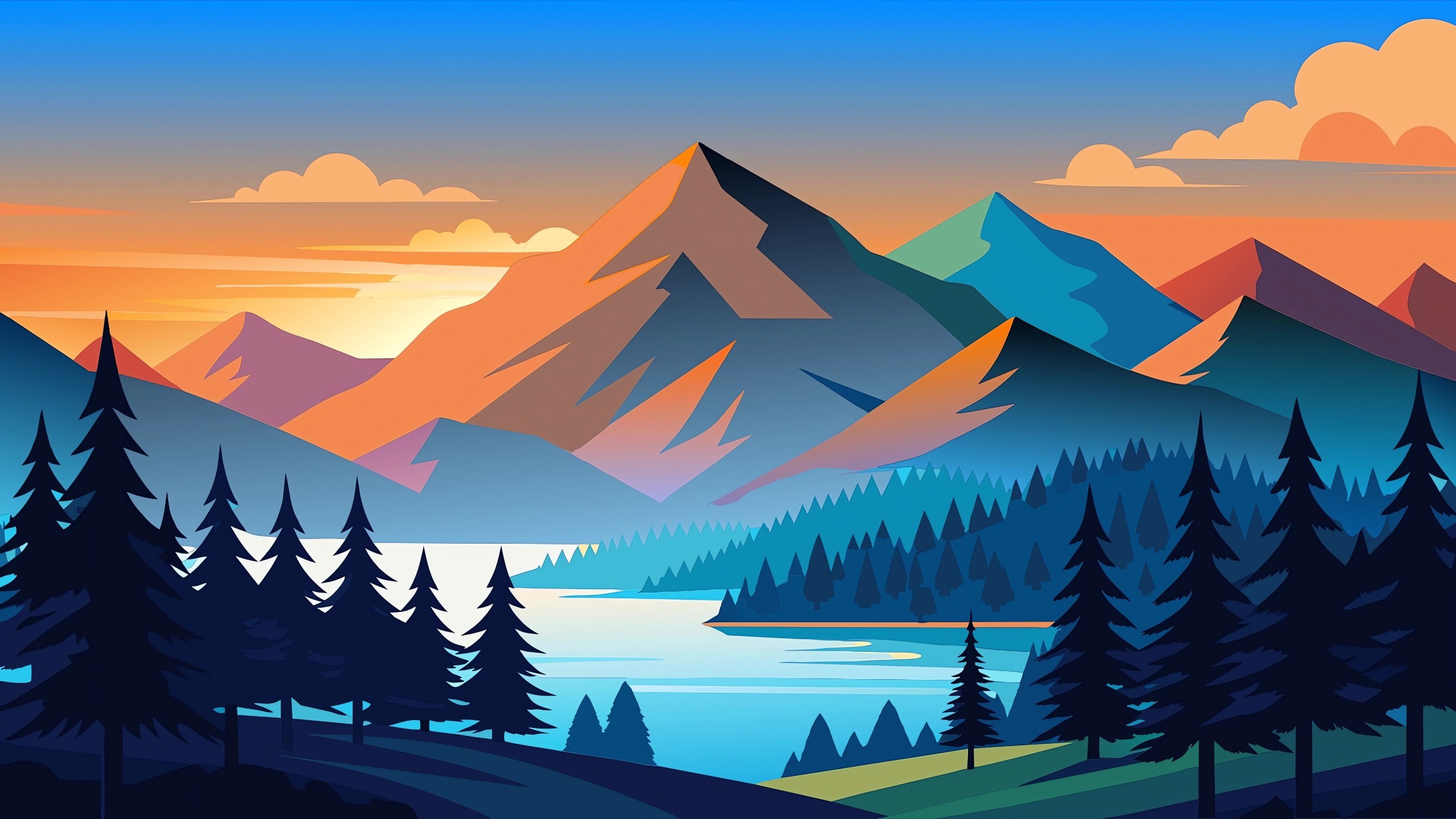 Download Nature Minimalism Forest Mountains Art Wallpaper in 2560x1440 Resolution