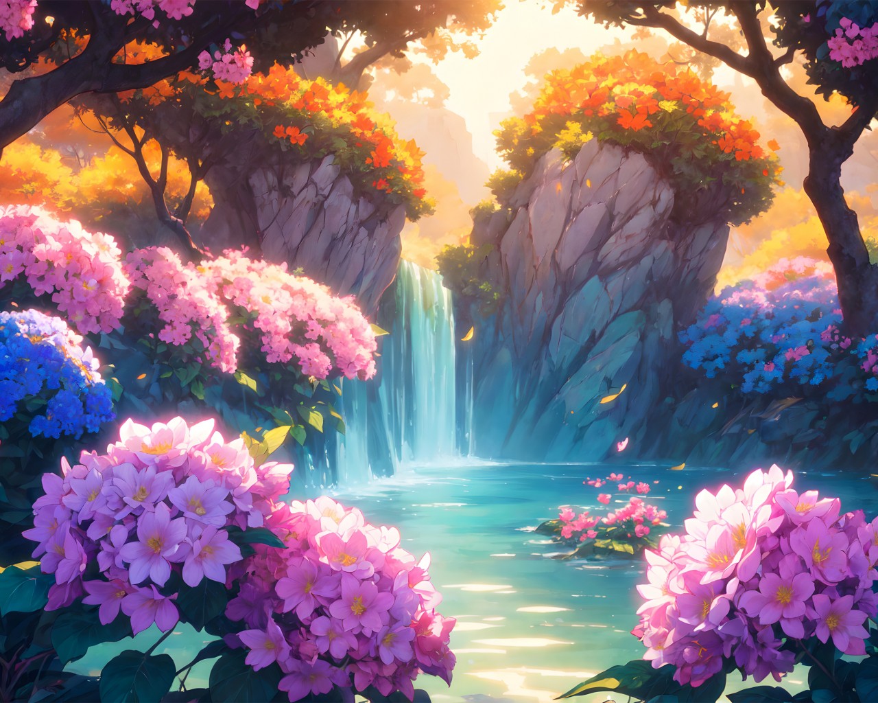 Download Colorful Flowers Trees Waterfall Scene Wallpaper in 1280x1024 Resolution