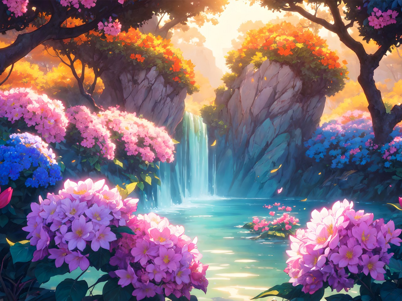 Download Colorful Flowers Trees Waterfall Scene Wallpaper in 1280x960 Resolution