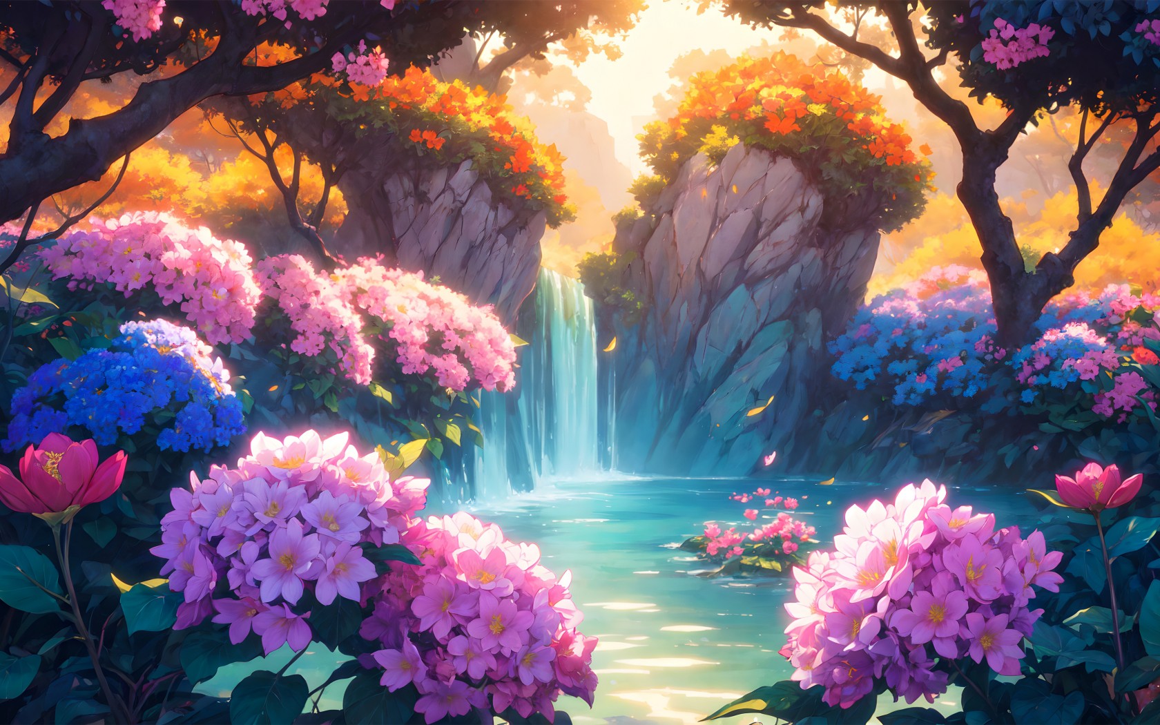 Download Colorful Flowers Trees Waterfall Scene Wallpaper in 1680x1050 Resolution