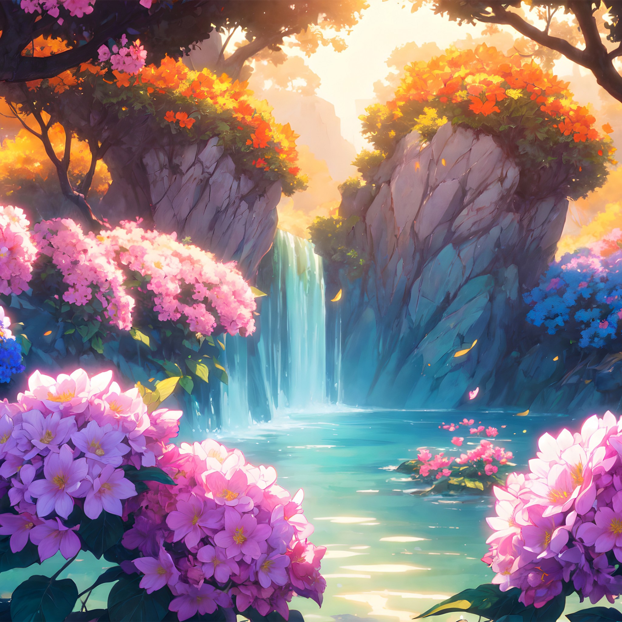 Download Colorful Flowers Trees Waterfall Scene Wallpaper in 2048x2048 Resolution