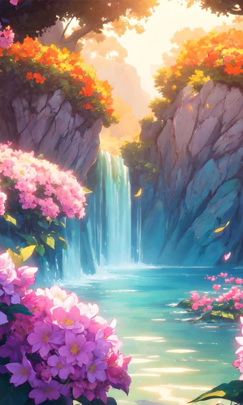 Download Colorful Flowers Trees Waterfall Scene Wallpaper in 480x800 Resolution
