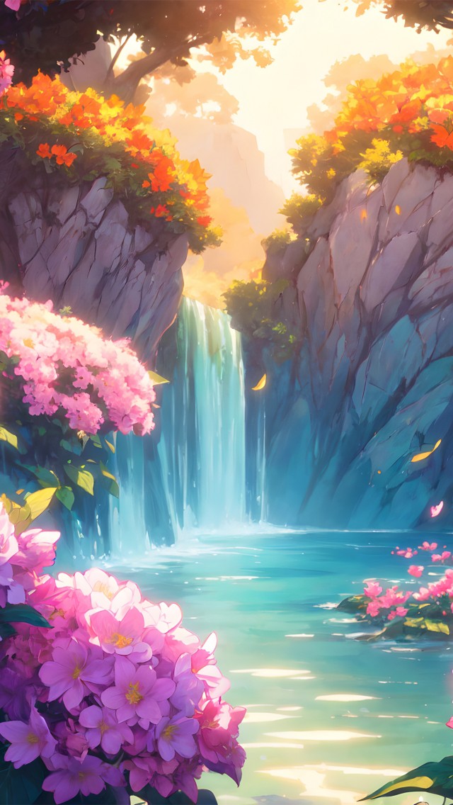 Download Colorful Flowers Trees Waterfall Scene Wallpaper in 640x1136 Resolution