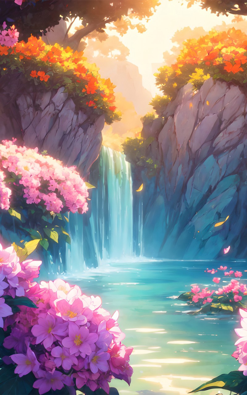 Download Colorful Flowers Trees Waterfall Scene Wallpaper in 800x1280 Resolution