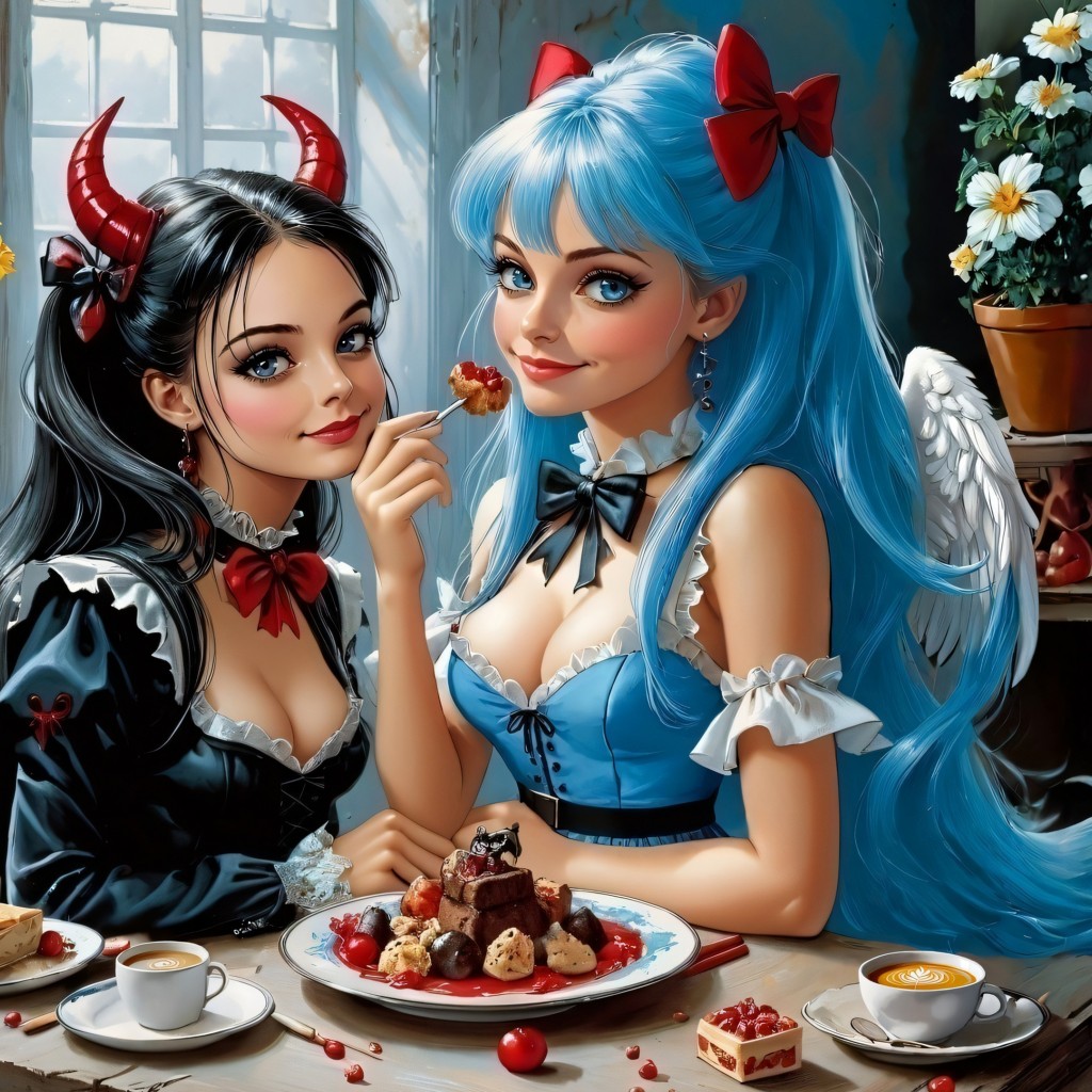 Download Anime Girls Blue Hair Red Horns Ai Wallpaper in 1024x1024 Resolution