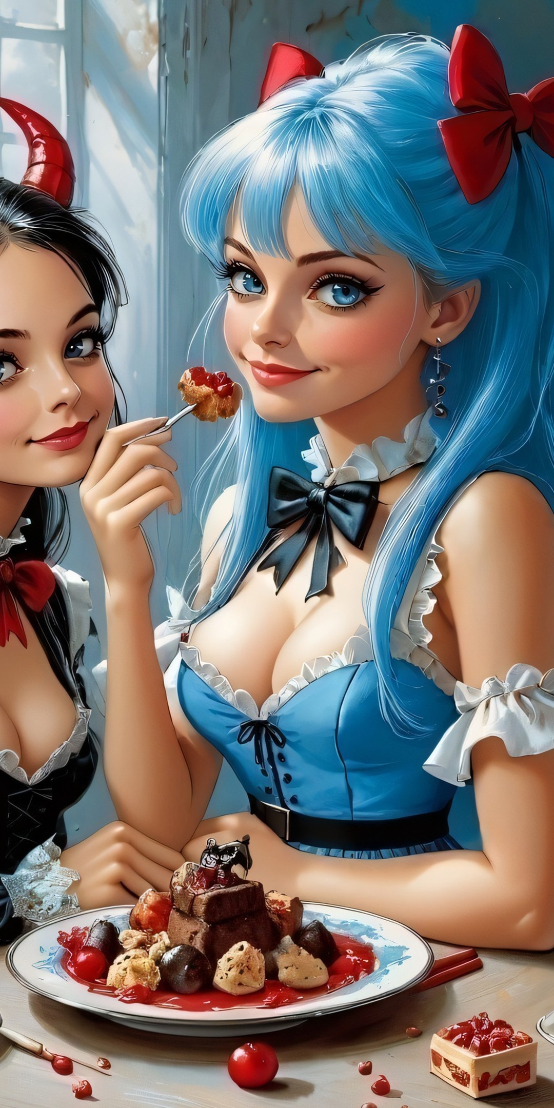 Download Anime Girls Blue Hair Red Horns Ai Wallpaper in 1080x2160 Resolution