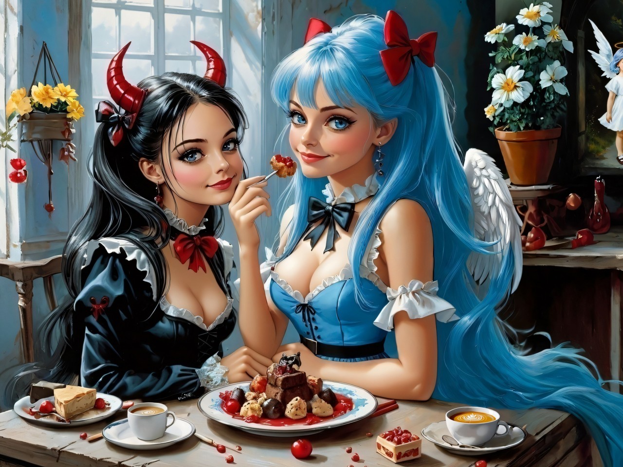 Download Anime Girls Blue Hair Red Horns Ai Wallpaper in 1280x960 Resolution