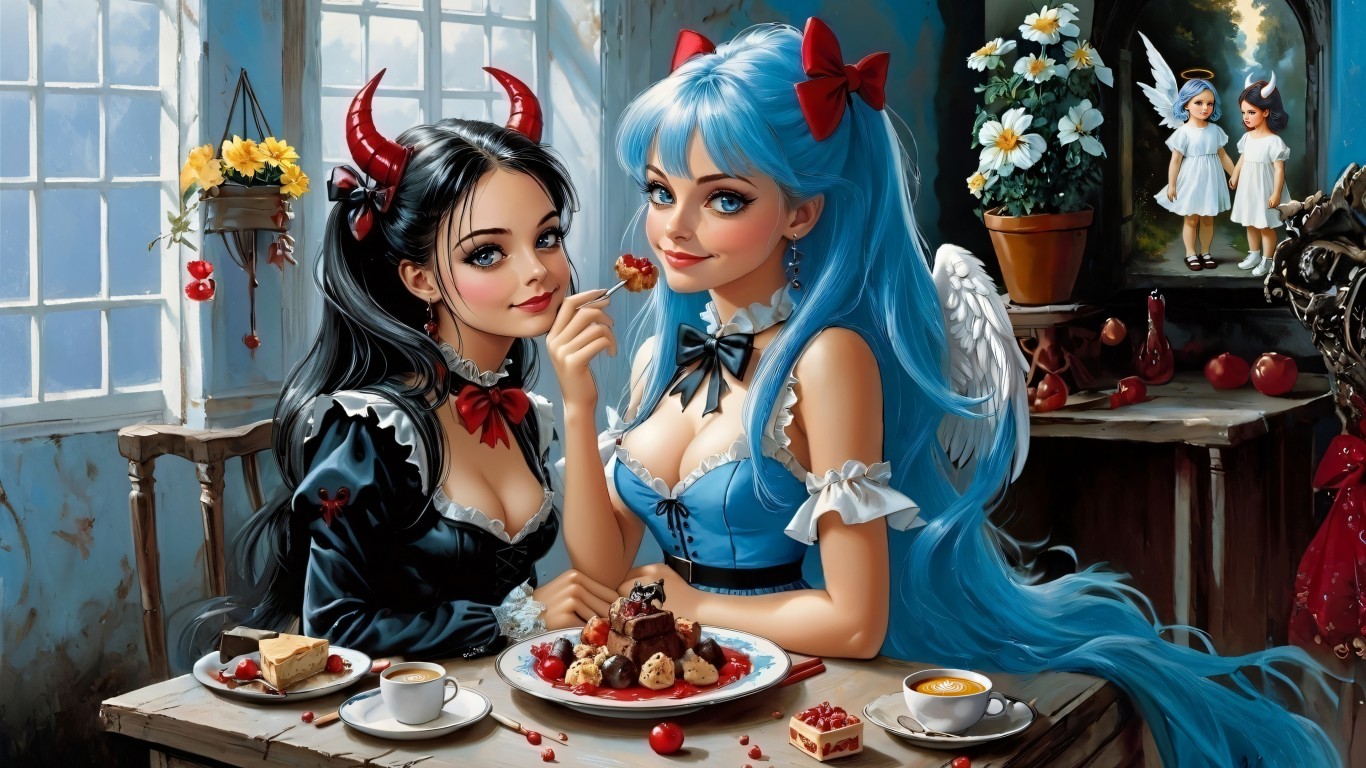 Download Anime Girls Blue Hair Red Horns Ai Wallpaper in 1366x768 Resolution