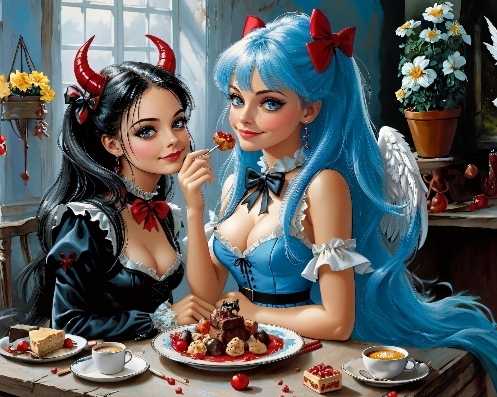 Download Anime Girls Blue Hair Red Horns Ai Wallpaper in 1600x1280 Resolution