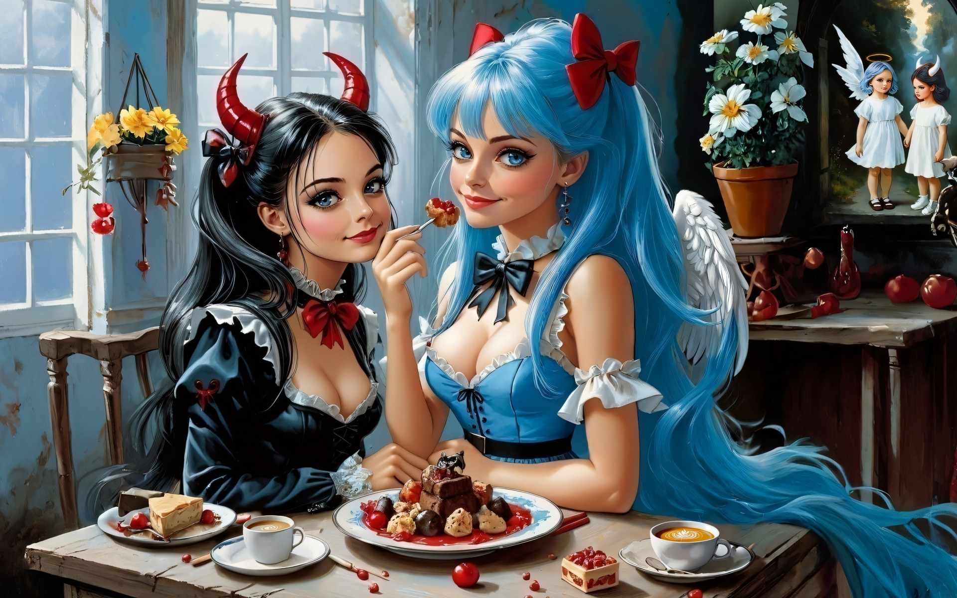 Download Anime Girls Blue Hair Red Horns Ai Wallpaper in 1920x1200 Resolution