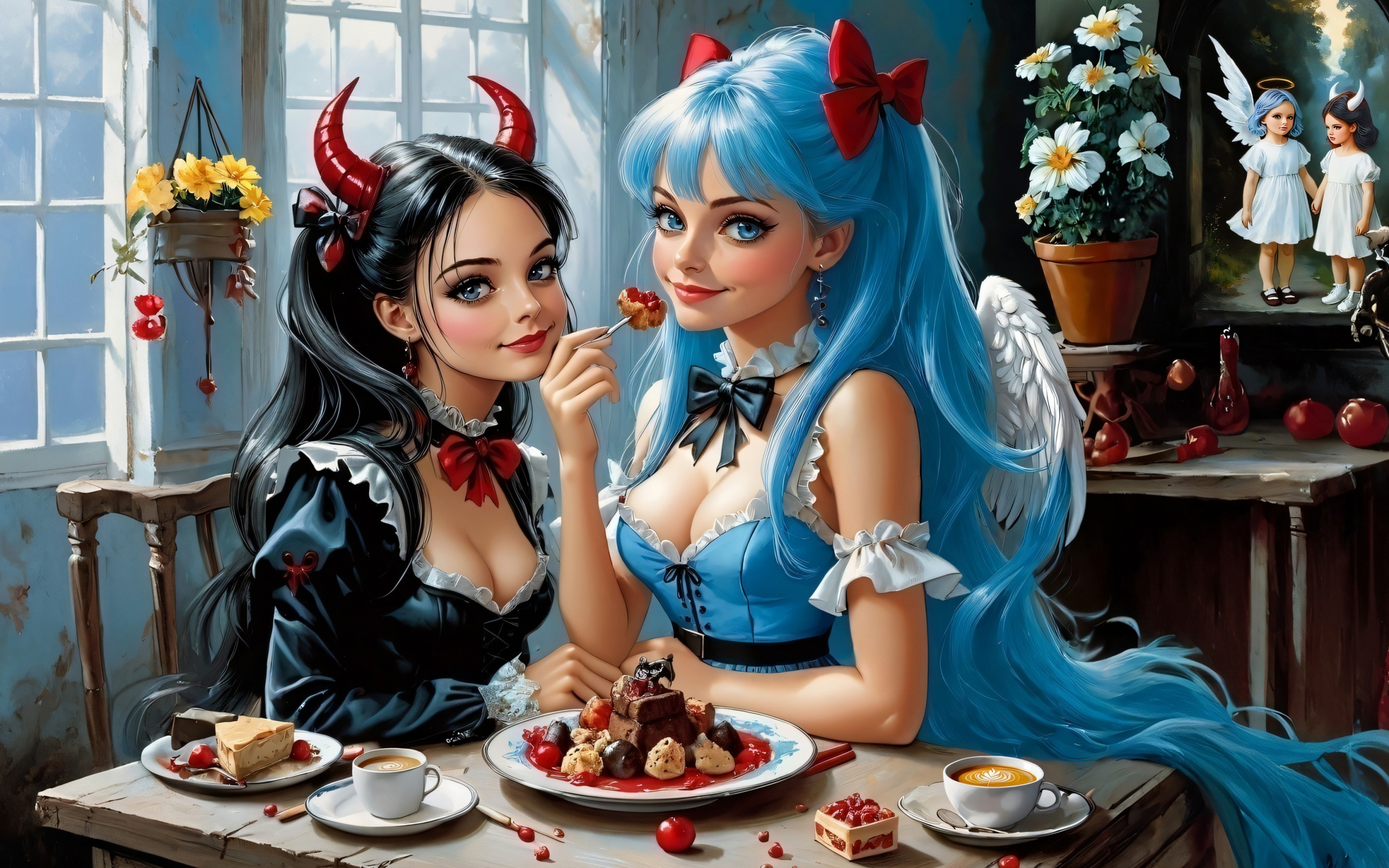 Download Anime Girls Blue Hair Red Horns Ai Wallpaper in 2880x1800 Resolution