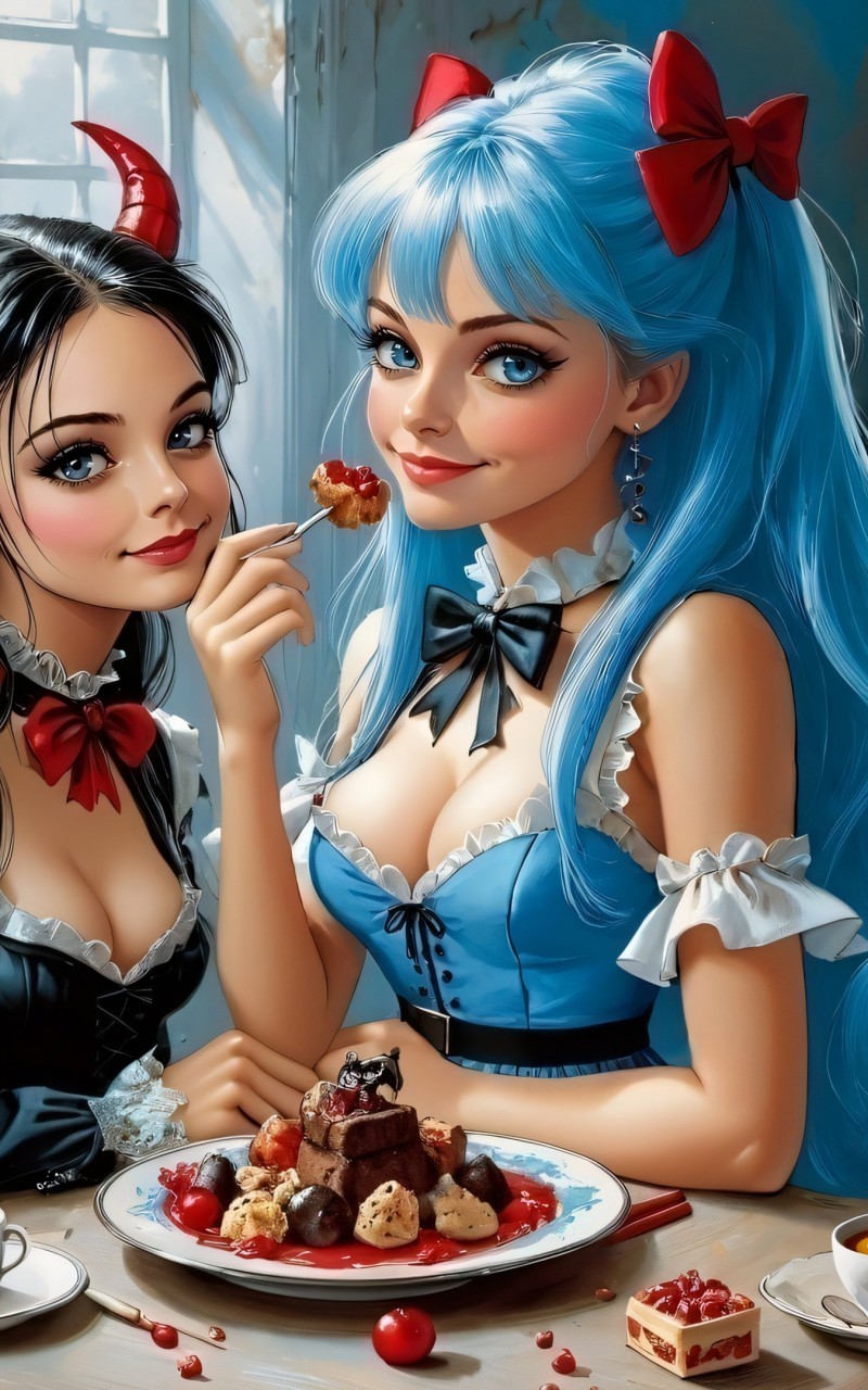 Download Anime Girls Blue Hair Red Horns Ai Wallpaper in 800x1280 Resolution