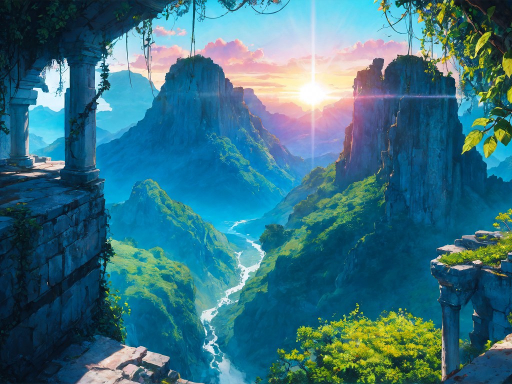 Download Fantasy Hidden Place Artwork Sunrise Wallpaper in 1024x768 Resolution