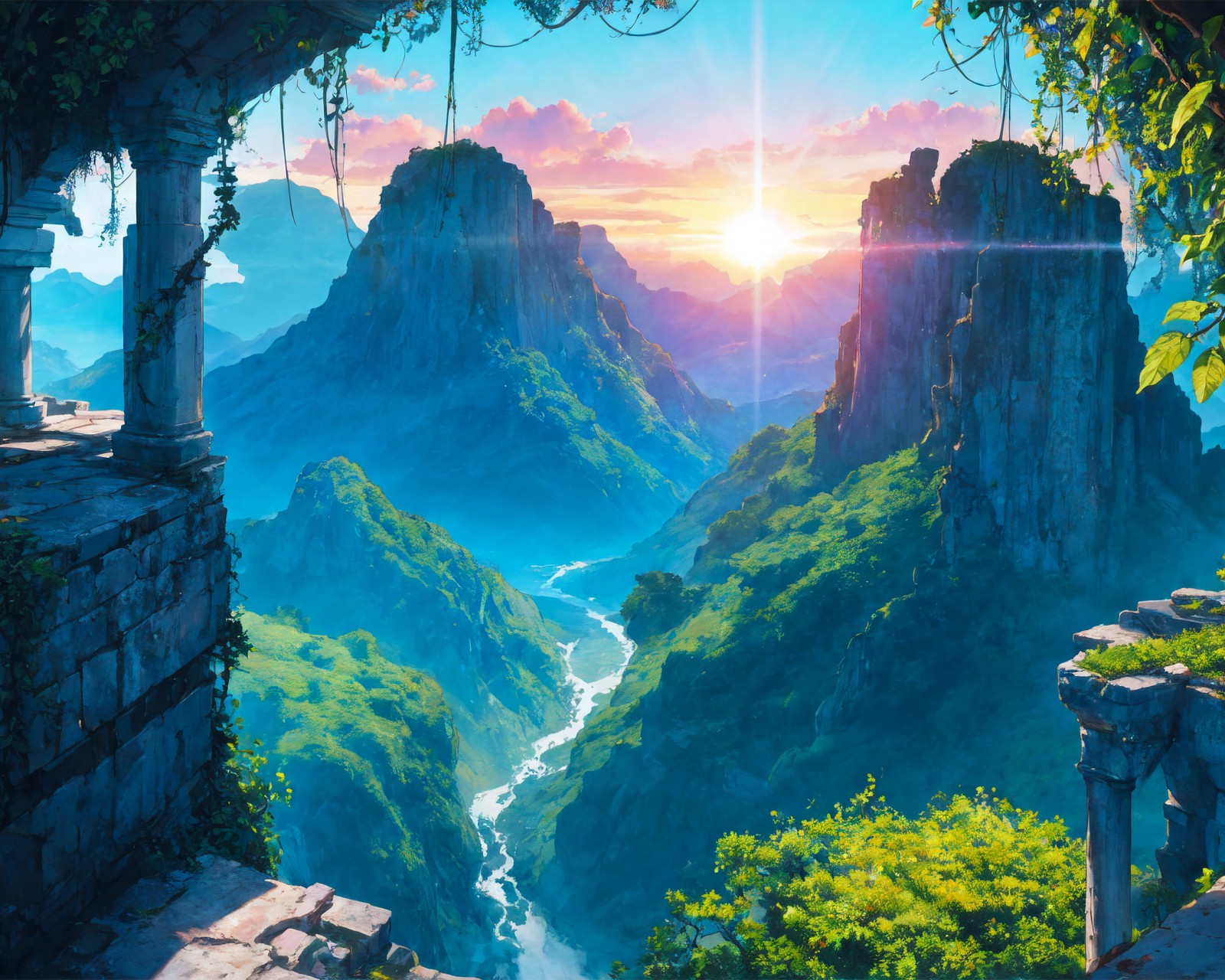Download Fantasy Hidden Place Artwork Sunrise Wallpaper in 1600x1280 Resolution