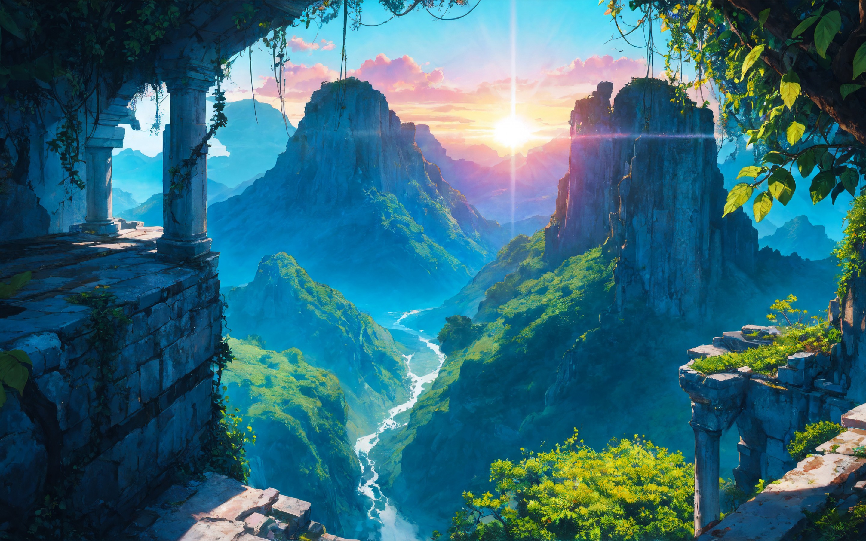 Download Fantasy Hidden Place Artwork Sunrise Wallpaper in 2880x1800 Resolution