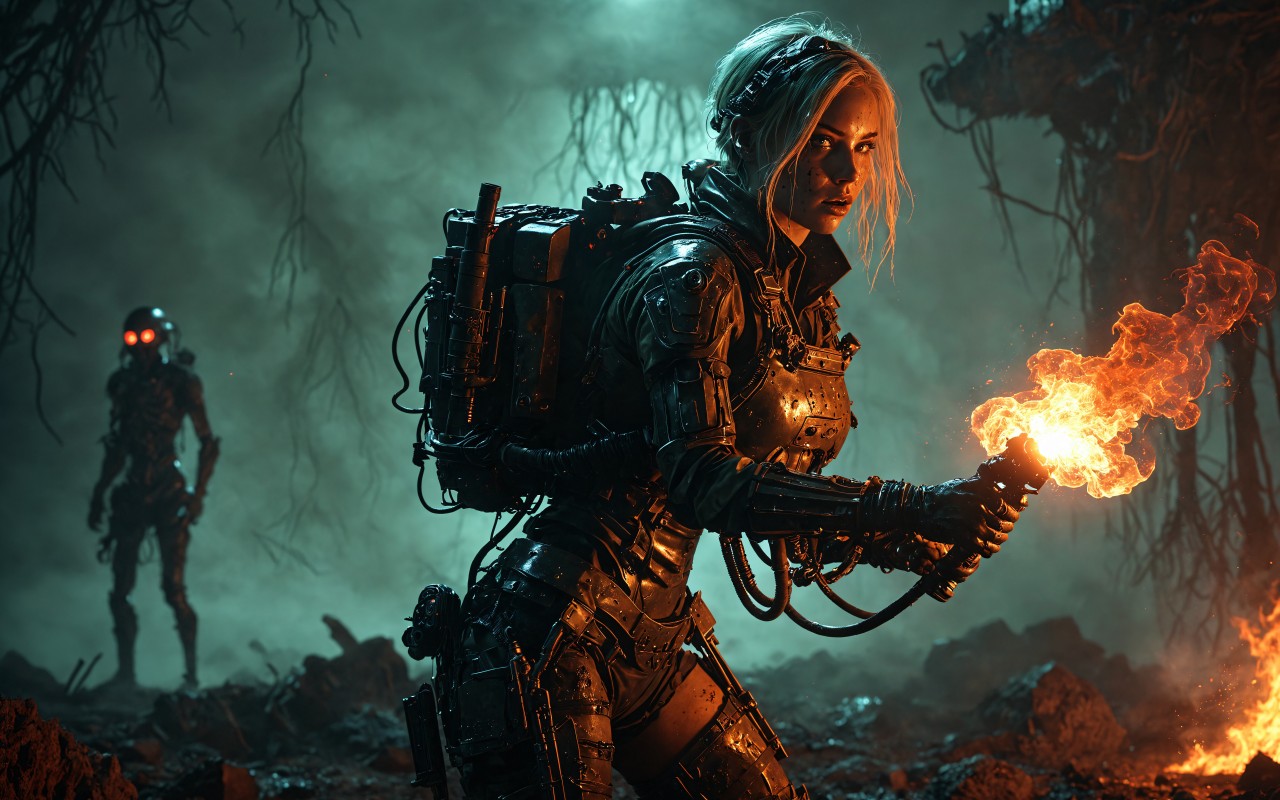 Download Soldier Girl Flamethrower Apocalypse Scene Wallpaper in 1280x800 Resolution