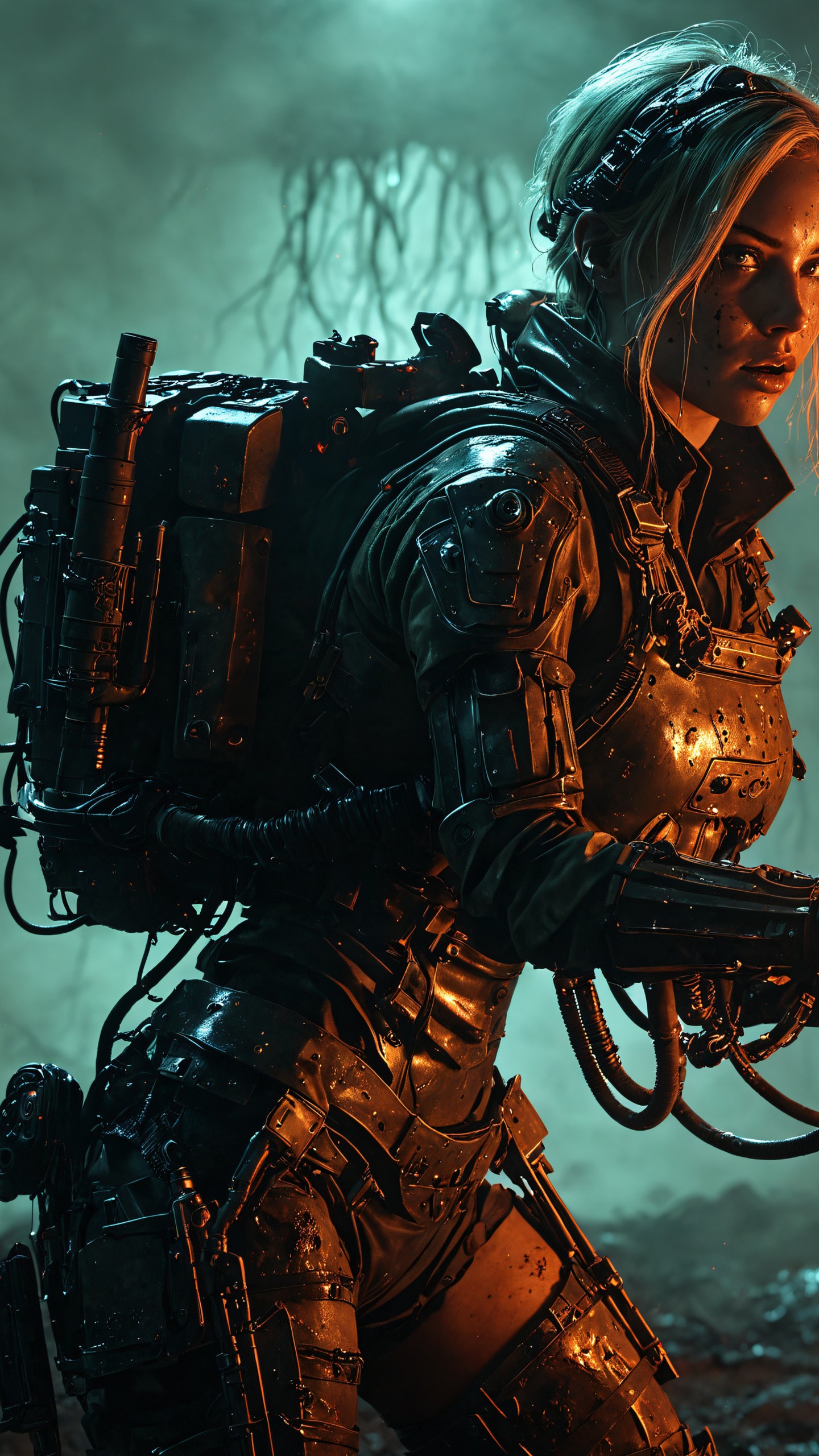 Download Soldier Girl Flamethrower Apocalypse Scene Wallpaper in 1440x2560 Resolution