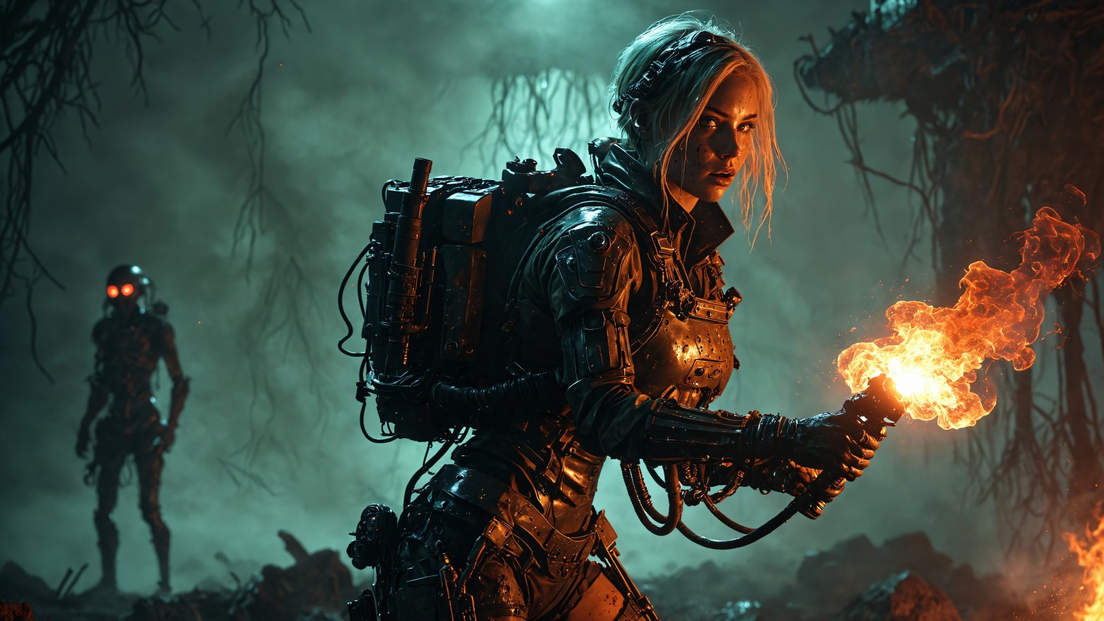 Download Soldier Girl Flamethrower Apocalypse Scene Wallpaper in 1600x900 Resolution