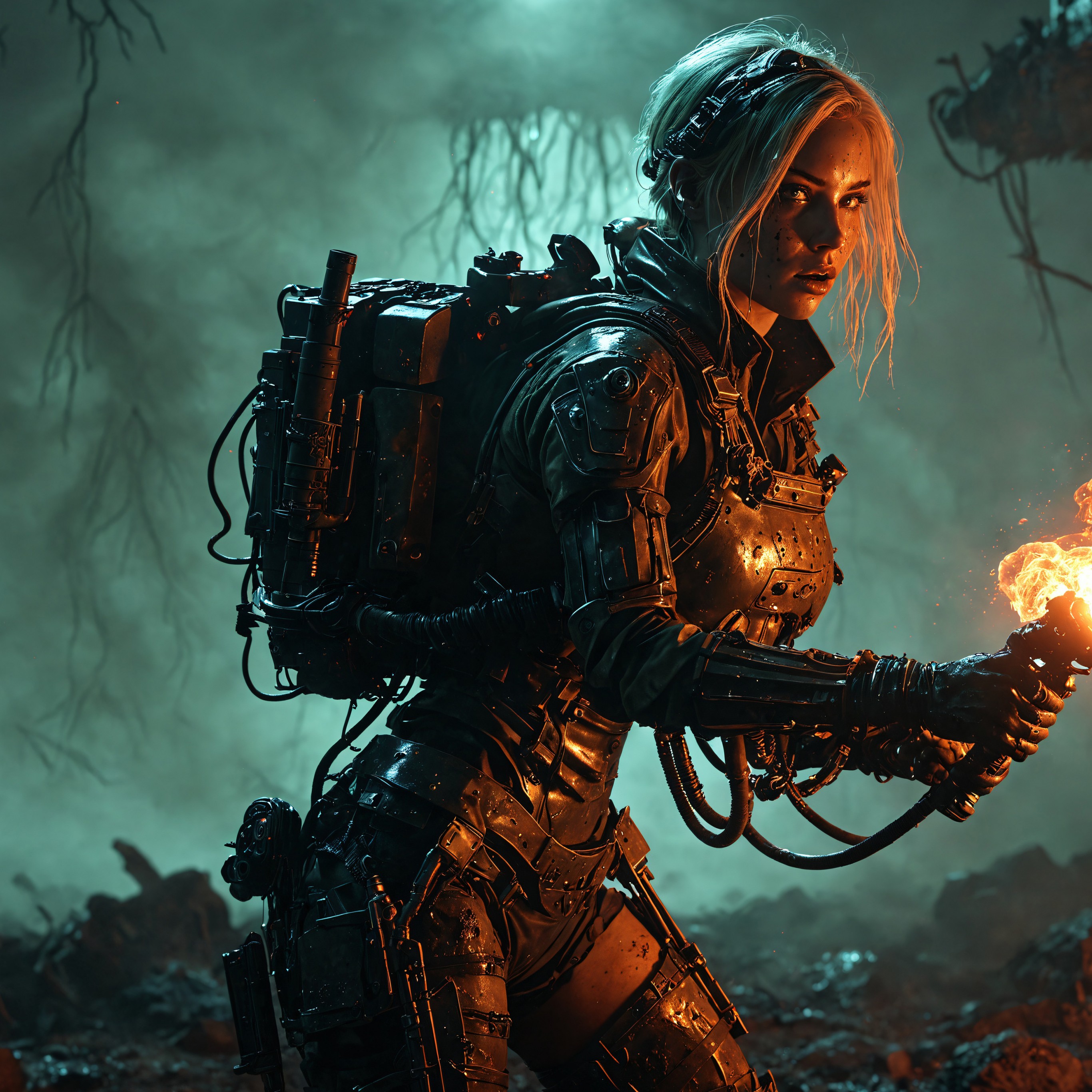 Download Soldier Girl Flamethrower Apocalypse Scene Wallpaper in 2732x2732 Resolution