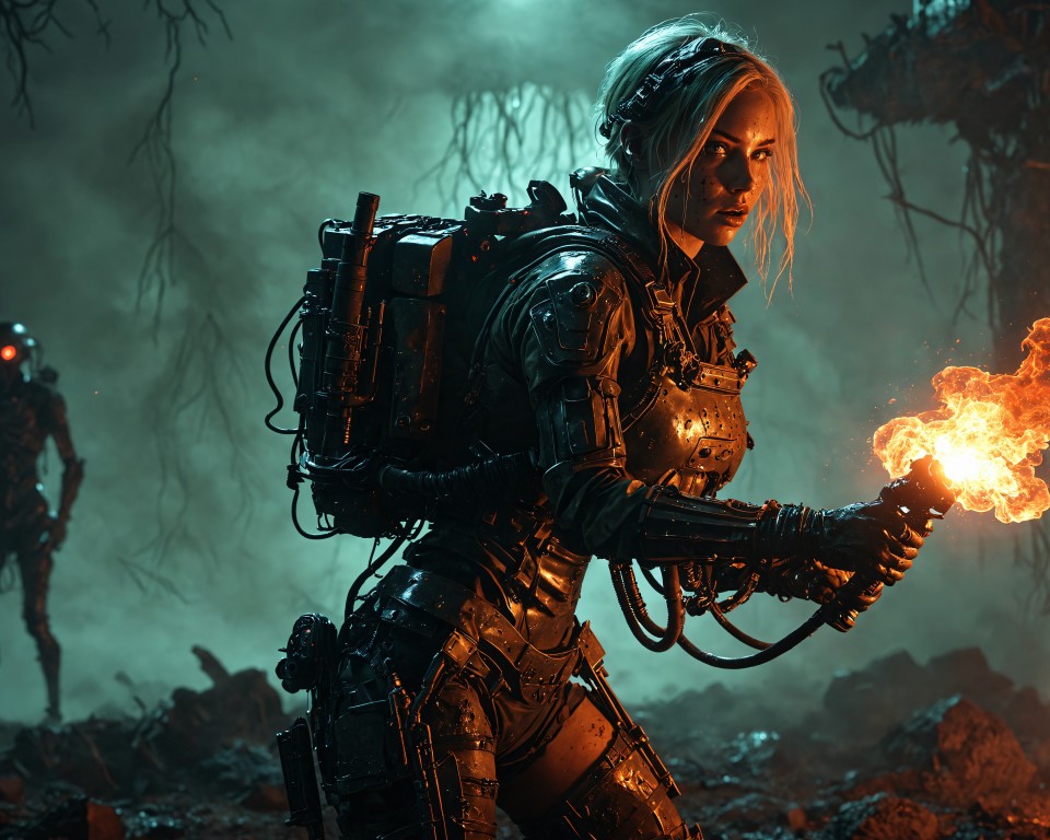 Download Soldier Girl Flamethrower Apocalypse Scene Wallpaper in 960x768 Resolution